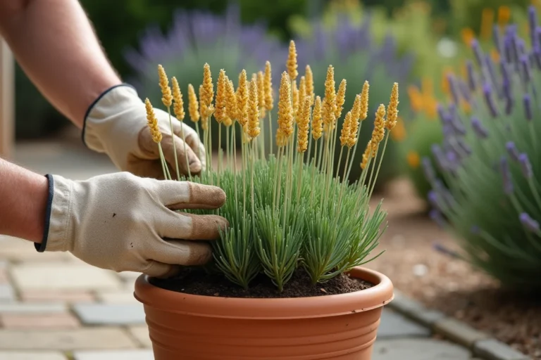 Plant de lavande avec feuillage jaunissant dans un pot en terre cuite sur une terrasse en pierre, main gantée d'un jardinier inspectant les tiges malades