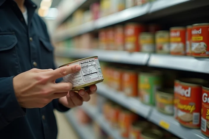 Homme lisant attentivement l'étiquette nutritionnelle d'une boîte de sardines dans le rayon conserves d'un supermarché