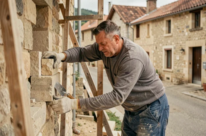 Maçon expérimenté posant des pierres sur un mur extérieur lors d'une construction traditionnelle dans un village du Cher