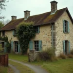 Maison abandonnée en pierre dans la campagne française avec volets cassés et végétation envahissante