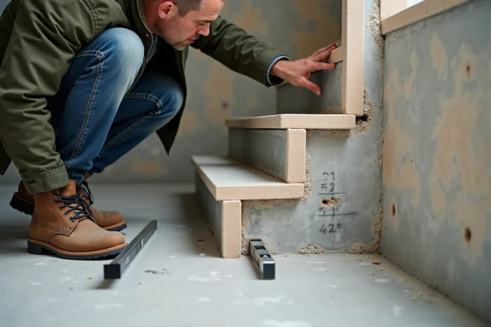 Artisan vérifiant la hauteur de contremarche et la profondeur de giron sur un escalier en chantier avec règle métallique