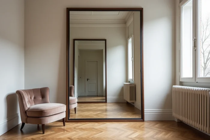 Grand miroir posé au sol dans un petit salon parisien créant un effet d'agrandissement visuel de la pièce