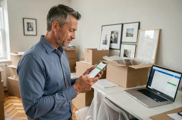 Homme utilisant une application bancaire sur smartphone pour mettre à jour son adresse après un déménagement dans un bureau à domicile