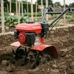 Motobineuse Honda FG 320 sur sol de jardin retourné, vue en angle 3/4 mettant en valeur la robustesse et la finition de la machine