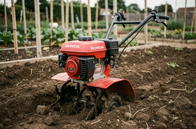 Motobineuse Honda FG 320 sur sol de jardin retourné, vue en angle 3/4 mettant en valeur la robustesse et la finition de la machine