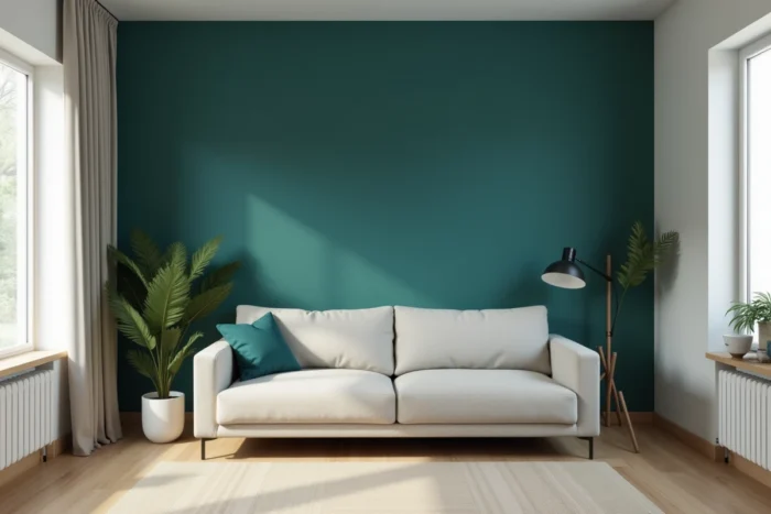 Mur d'accent en bleu sarcelle profond dans un salon moderne avec canapé et sol en chêne clair