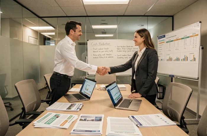 Deux professionnels concluant un accord d'achat en salle de réunion avec catalogues fournisseurs et tableaux de comparaison