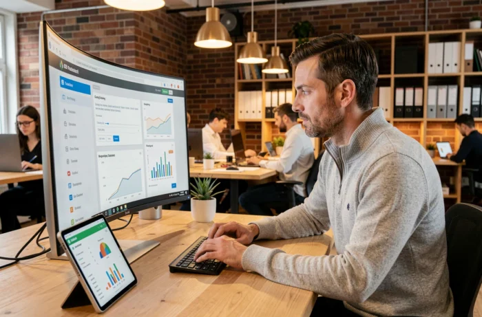 Responsable achats startup comparant des offres fournisseurs sur une plateforme d'approvisionnement B2B dans un open-space moderne