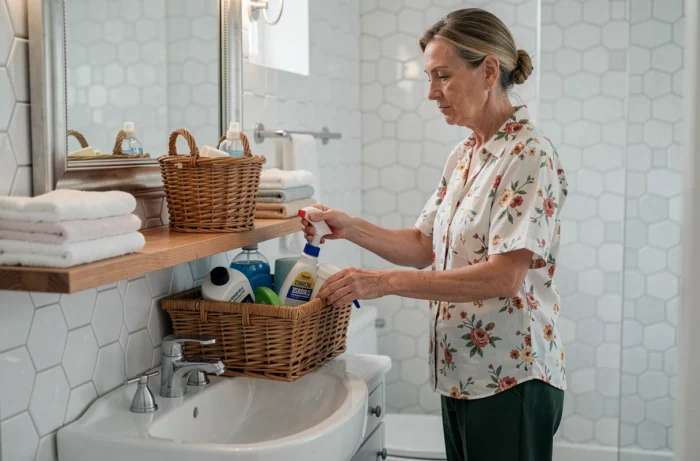 Femme organisant des produits ménagers dans une salle de bain propre et ordonnée