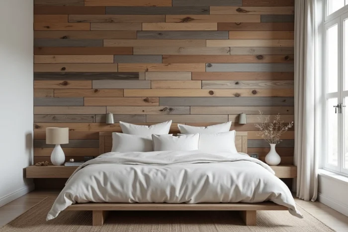 Tête de lit habillée d'un panneau en bois de récupération aux tons chauds dans une chambre scandinave