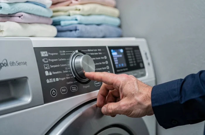 Gros plan sur le panneau de programmes d'un lave-linge Whirlpool 6th Sense avec sélecteur et écran digital