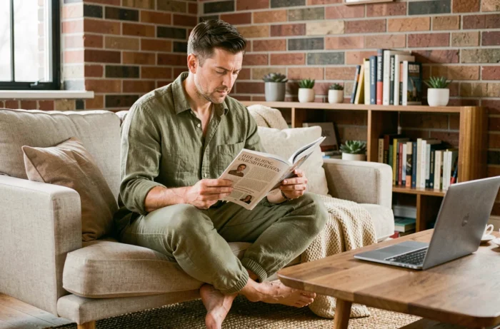 Père moderne en télétravail lisant un magazine parental dans un bureau à domicile chaleureux, astuces et tendances pour papas