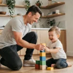 Père moderne jouant avec son enfant en bas âge sur le sol d'une cuisine contemporaine, tendances parentalité active
