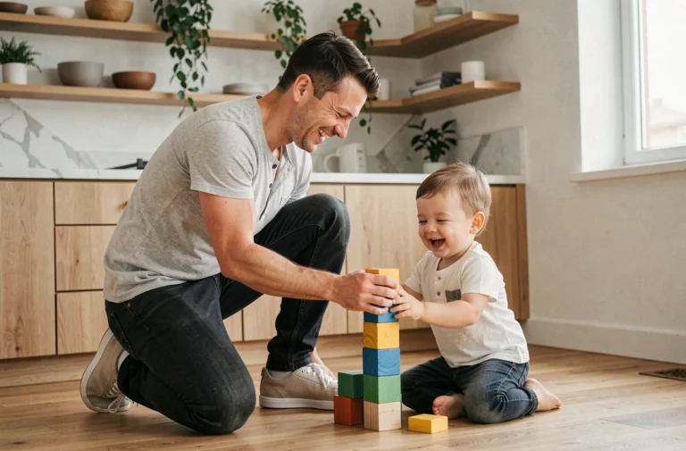 Père moderne jouant avec son enfant en bas âge sur le sol d'une cuisine contemporaine, tendances parentalité active