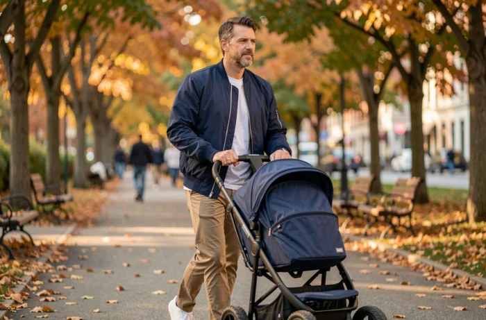 Père tendance promenant son bébé en poussette dans un parc urbain en automne, mode et lifestyle paternel moderne