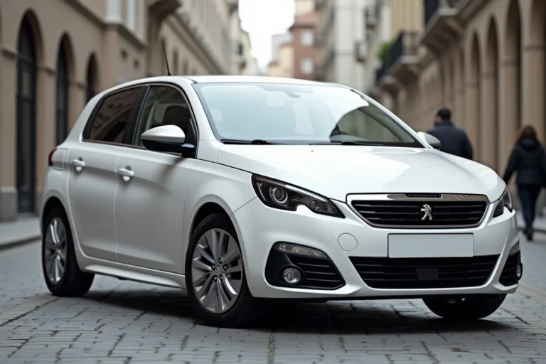 Vue trois-quarts avant de la Peugeot 308 Phase 3 garée sur un pavé urbain européen, illustrant ses dimensions extérieures complètes