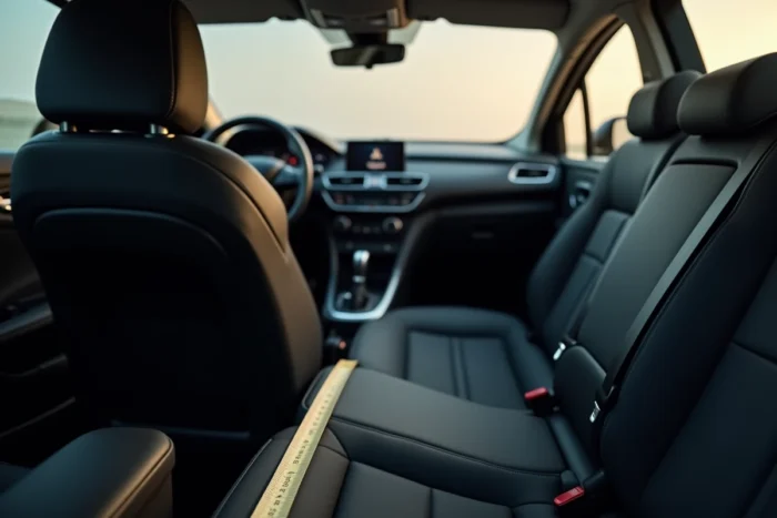 Intérieur de la Peugeot 308 Phase 3 vu depuis la porte arrière ouverte, illustrant l'espace en longueur et la hauteur sous plafond de l'habitacle