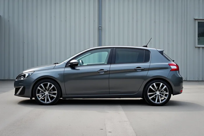 Profil latéral complet de la Peugeot 308 Phase 3 sur fond neutre, mettant en valeur la longueur et la silhouette de la berline compacte