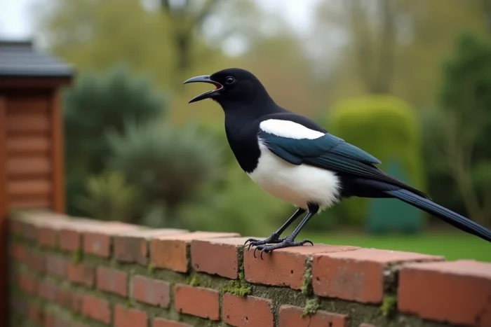 Pie bavarde posée sur un mur de briques dans un jardin urbain, bec ouvert en train de crier, environnement de banlieue flou en arrière-plan