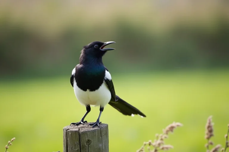 Pie bavarde perchée sur un piquet en bois, bec ouvert en plein cri, plumage noir et blanc irisé visible en détail