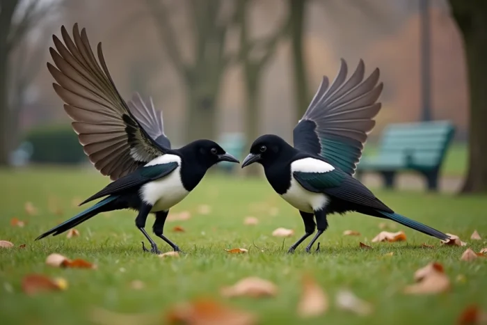 Deux pies en confrontation territoriale sur une pelouse de parc, ailes déployées en posture de menace, feuilles d'automne au sol