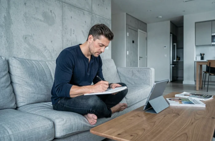 Jeune homme prenant des notes pour planifier les premiers articles de son blog dans un salon moderne et minimaliste