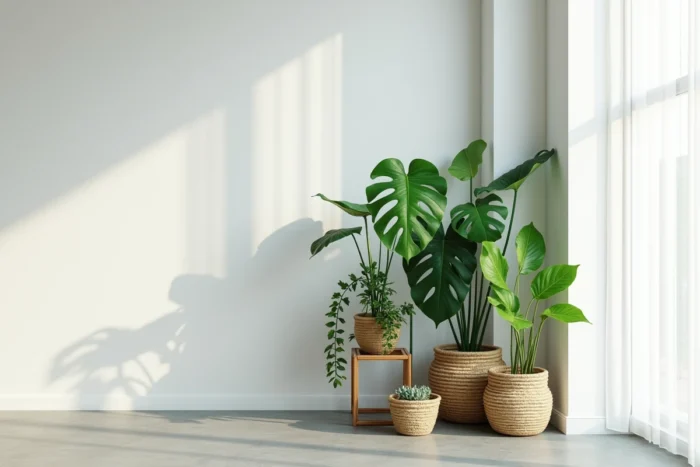 Groupement de plantes vertes dans un coin de salon avec pothos, figuier lyre et succulentes sur meuble rotin