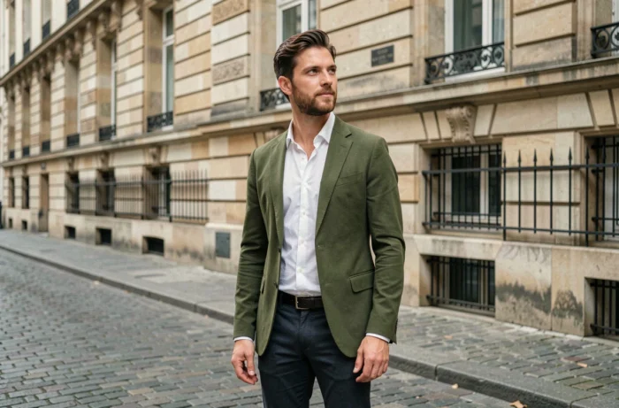 Portrait éditorial d'un homme posant devant un bâtiment historique parisien en pierre avec une façade ancienne et des pavés
