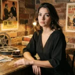 Jeune femme italienne entourée d'affiches de cinéma vintage dans un appartement romain, illustrant les prénoms italiens inspirés du cinéma