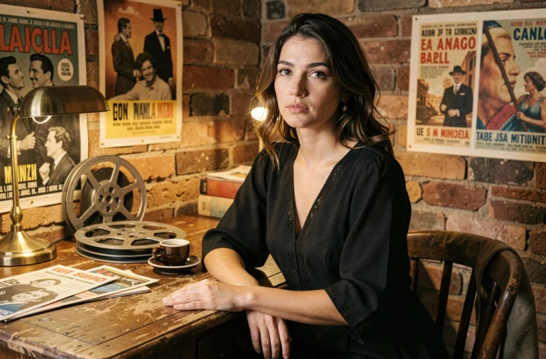 Jeune femme italienne entourée d'affiches de cinéma vintage dans un appartement romain, illustrant les prénoms italiens inspirés du cinéma