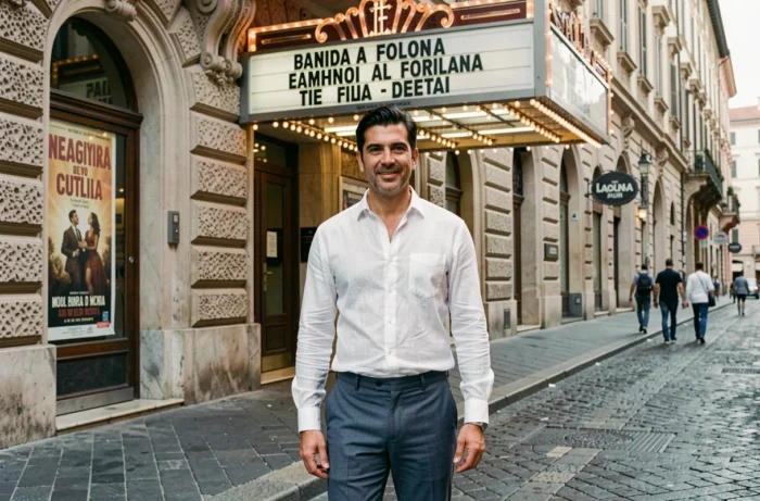 Homme élégant devant une salle de cinéma italienne classique avec marquise ancienne, évoquant les grands prénoms du cinéma italien