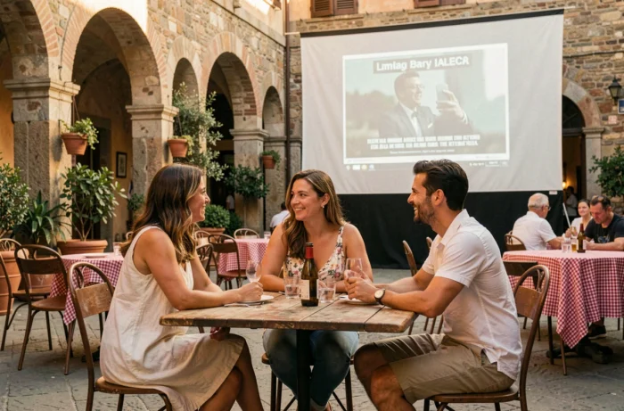 Groupe d'amis italiens regardant un cinéma en plein air dans une piazza, ambiance estivale évoquant la culture cinématographique italienne et les prénoms cultes