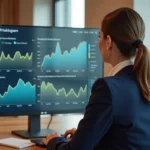Professionnelle de l'immobilier analysant des données sur la plateforme Immobserver avec des graphiques de tendances du marché immobilier sur écran