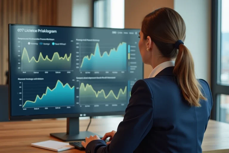 Professionnelle de l'immobilier analysant des données sur la plateforme Immobserver avec des graphiques de tendances du marché immobilier sur écran