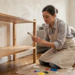 Femme réalisant un projet de décoration maison en peignant une étagère en bois dans un appartement parisien