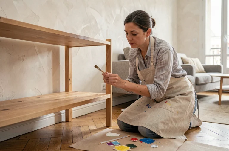Femme réalisant un projet de décoration maison en peignant une étagère en bois dans un appartement parisien