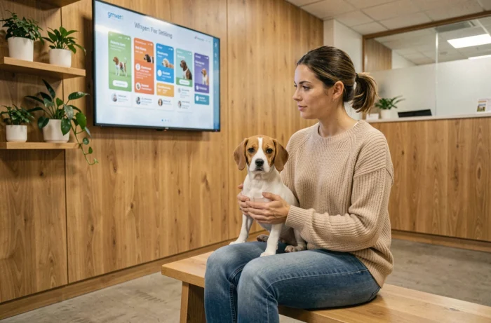 Propriétaire d'animal de compagnie et son beagle dans une salle d'attente vétérinaire moderne consultant une interface de santé animale gmvet1