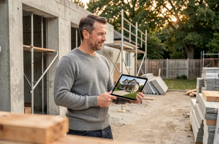 Propriétaire consultant un rendu 3D sur tablette devant sa maison en cours de rénovation, illustrant la planification et le suivi d'un projet immobilier