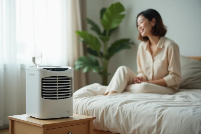 Mini rafraîchisseur d'air Silvercrest avec filtre installé posé sur une table de nuit dans une chambre à coucher propre