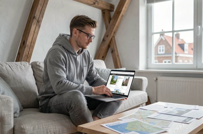Jeune homme recherchant un bien immobilier en ligne sur un site belge depuis son appartement