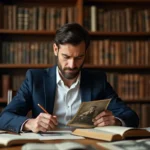 Homme consultant des photos de famille anciennes et des archives généalogiques sur un bureau en bois dans une bibliothèque