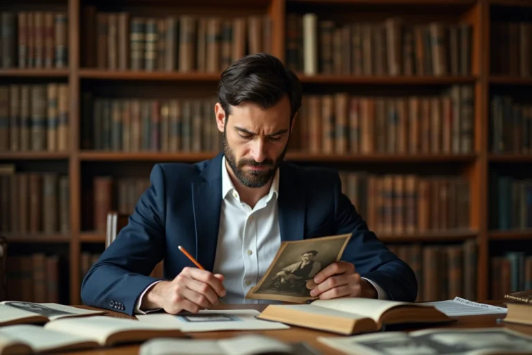Homme consultant des photos de famille anciennes et des archives généalogiques sur un bureau en bois dans une bibliothèque