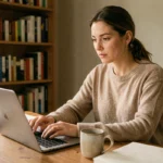 Femme en train de rédiger un article de blog sur un ordinateur portable dans un bureau à domicile chaleureux et organisé