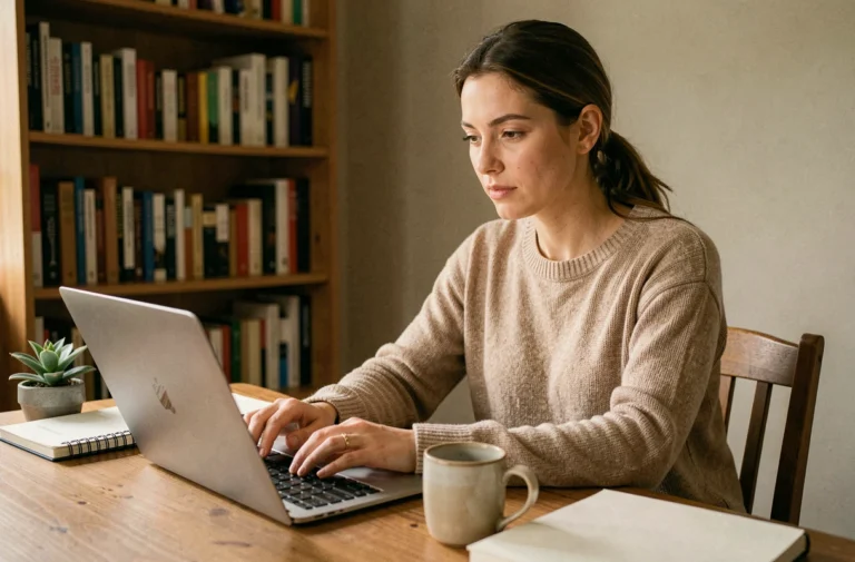 Femme en train de rédiger un article de blog sur un ordinateur portable dans un bureau à domicile chaleureux et organisé