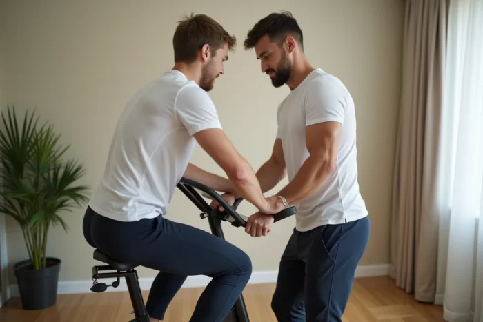 Homme réglant la selle d'un vélo d'appartement SportPlus dans un espace fitness à domicile