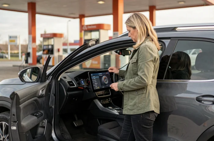 Femme accédant au menu de réinitialisation de la pression des pneus sur l'écran tactile du Citroën C5 Aircross