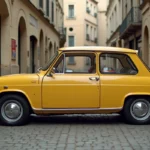 Renault 5 classique des années 1970 garée sur une rue pavée française, carrosserie jaune moutarde et détails chromés d'époque
