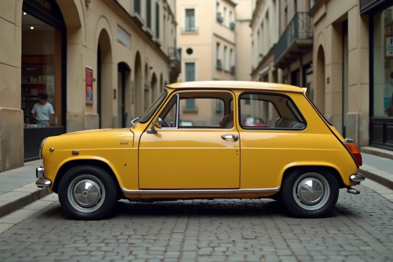 Renault 5 classique des années 1970 garée sur une rue pavée française, carrosserie jaune moutarde et détails chromés d'époque