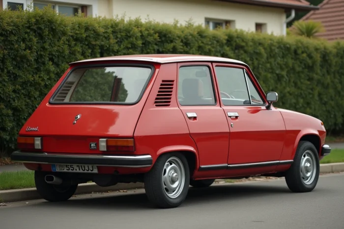 Renault Super 5 rouge métallisé des années 1980 dans un quartier résidentiel français, carrosserie plastique et jantes alliage caractéristiques