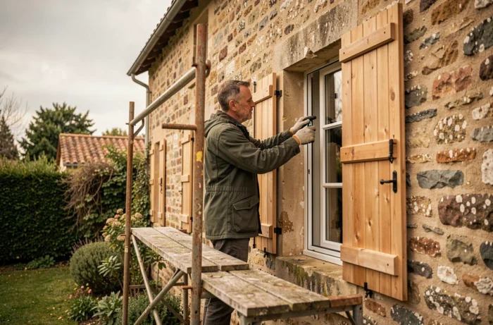 Artisan installant des volets en bois sur la façade extérieure d'une maison en pierre rénovée
